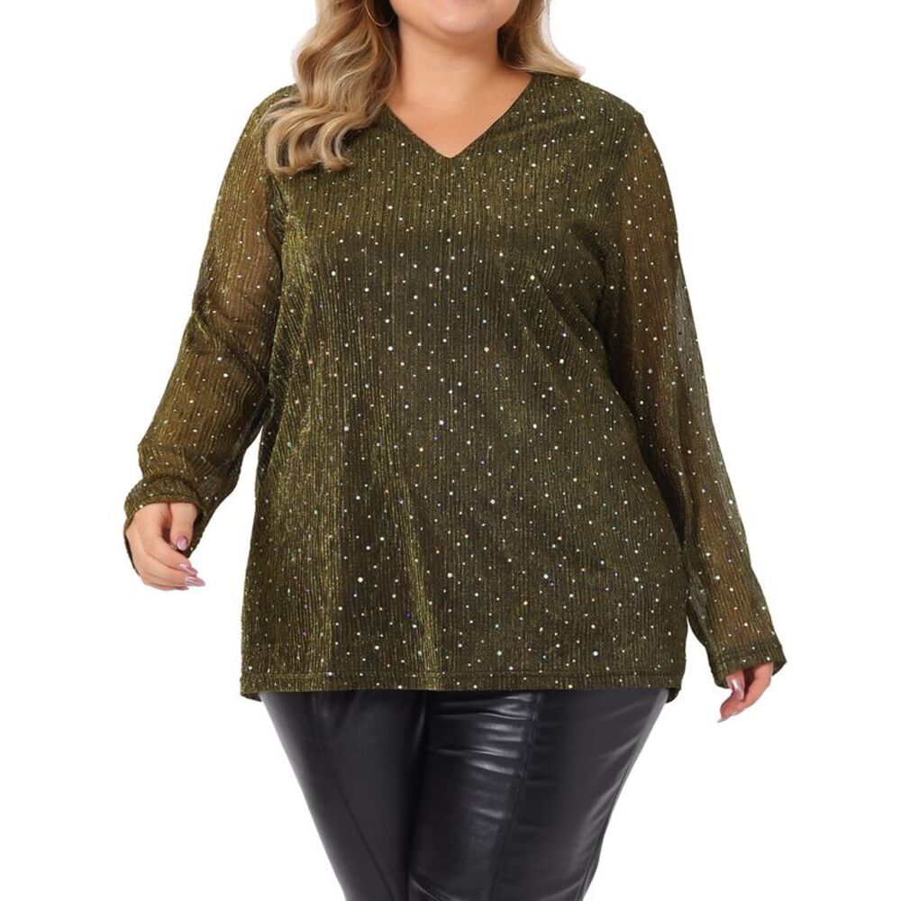 Plus Size Sequin Tops Women Long Sleeve Glitter Shirt Sparkle Blouses Gold